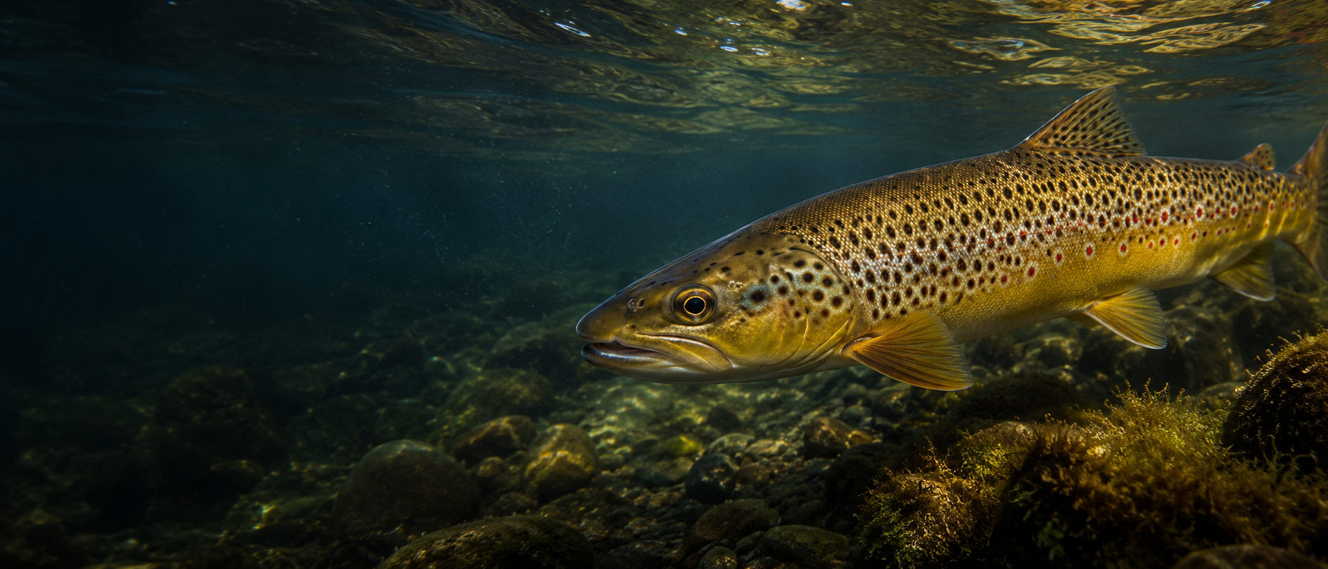 Brown Trout swimming underwater above a rocky river bed