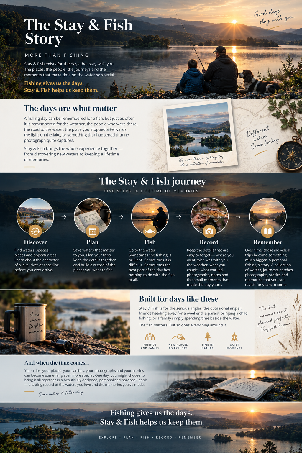 The Stay & Fish Story — a visual journey through discovering, planning, fishing, recording and remembering days on the water.