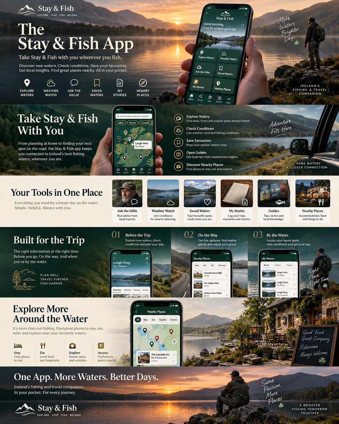 The Stay & Fish App — a preview of fishing and travel tools, waters, conditions and personal stories available from your phone.
