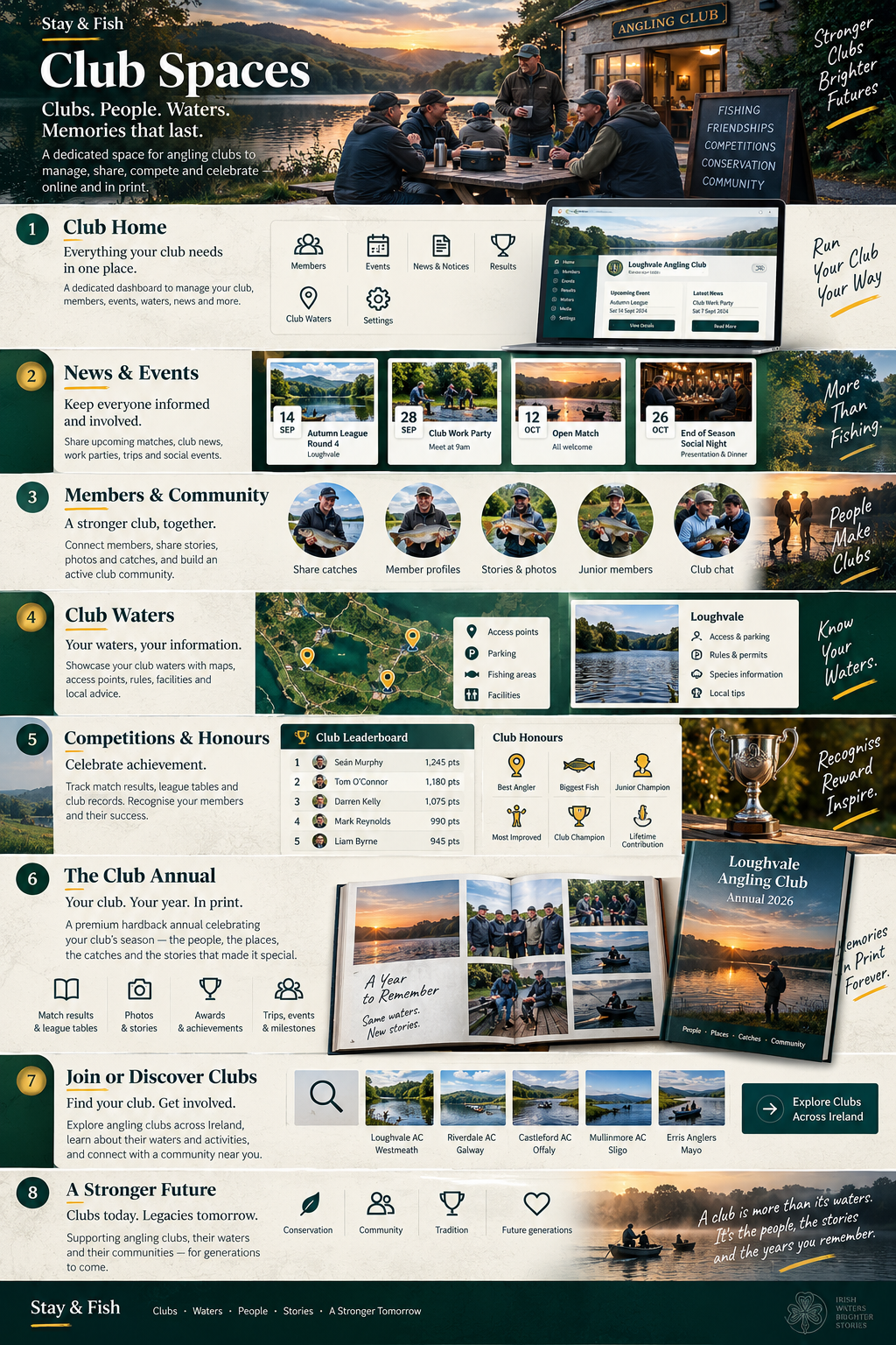 Club Spaces — a preview of dedicated angling club spaces, waters, members, news and events within Stay & Fish.